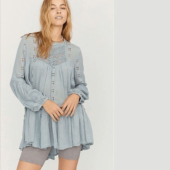 Free People Kiss Kiss Light Teal Boho Tunic Flowy Eyelet Dress Large - Picture 8 of 10